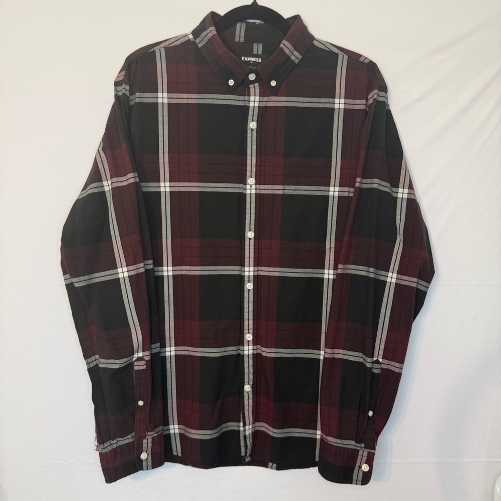 Express Red and Black Plaid Button Down Shirt. A17